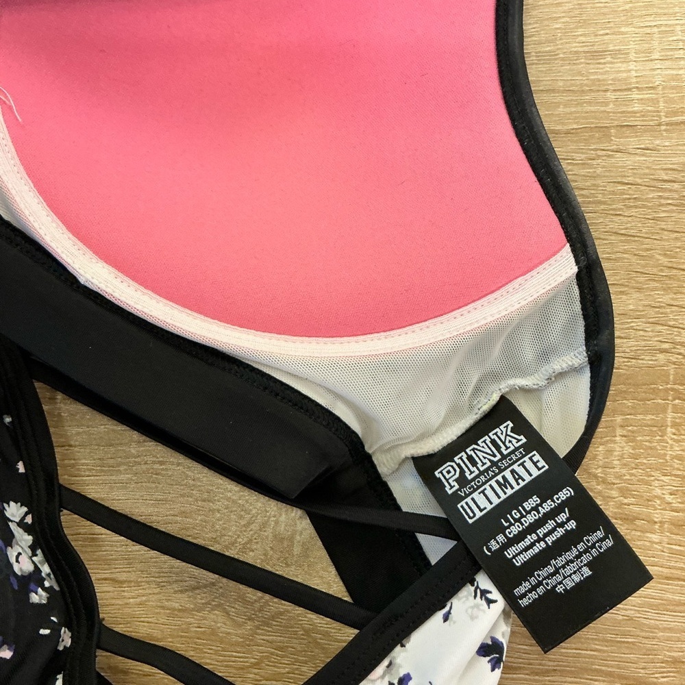 VS Pink Floral Black and White Sports Bra Sz lg - Picture 3 of 3